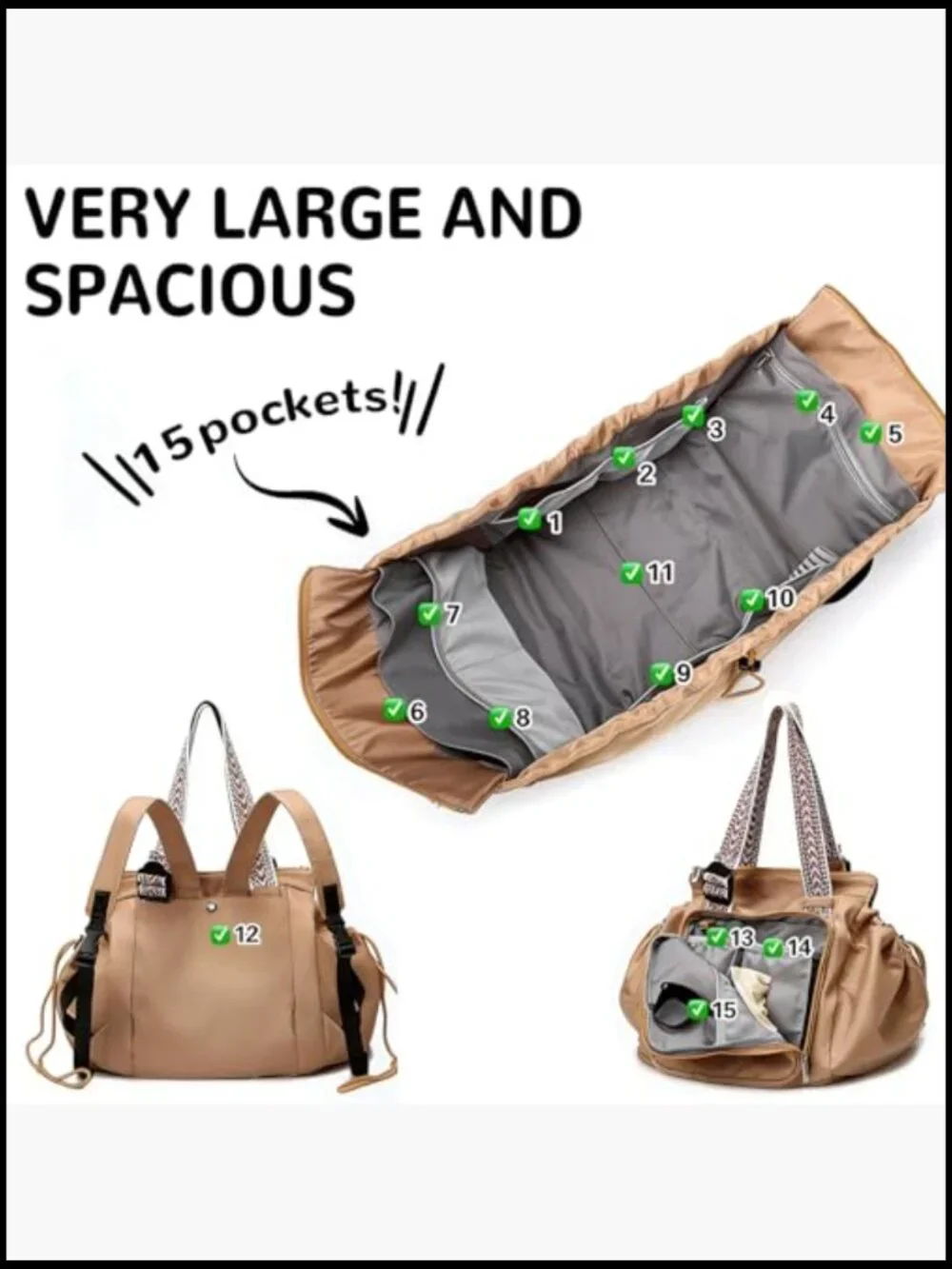 Nylon Travel Tote Backpack Diaper Bag 3-in-1 Large Capacity 15 Pockets